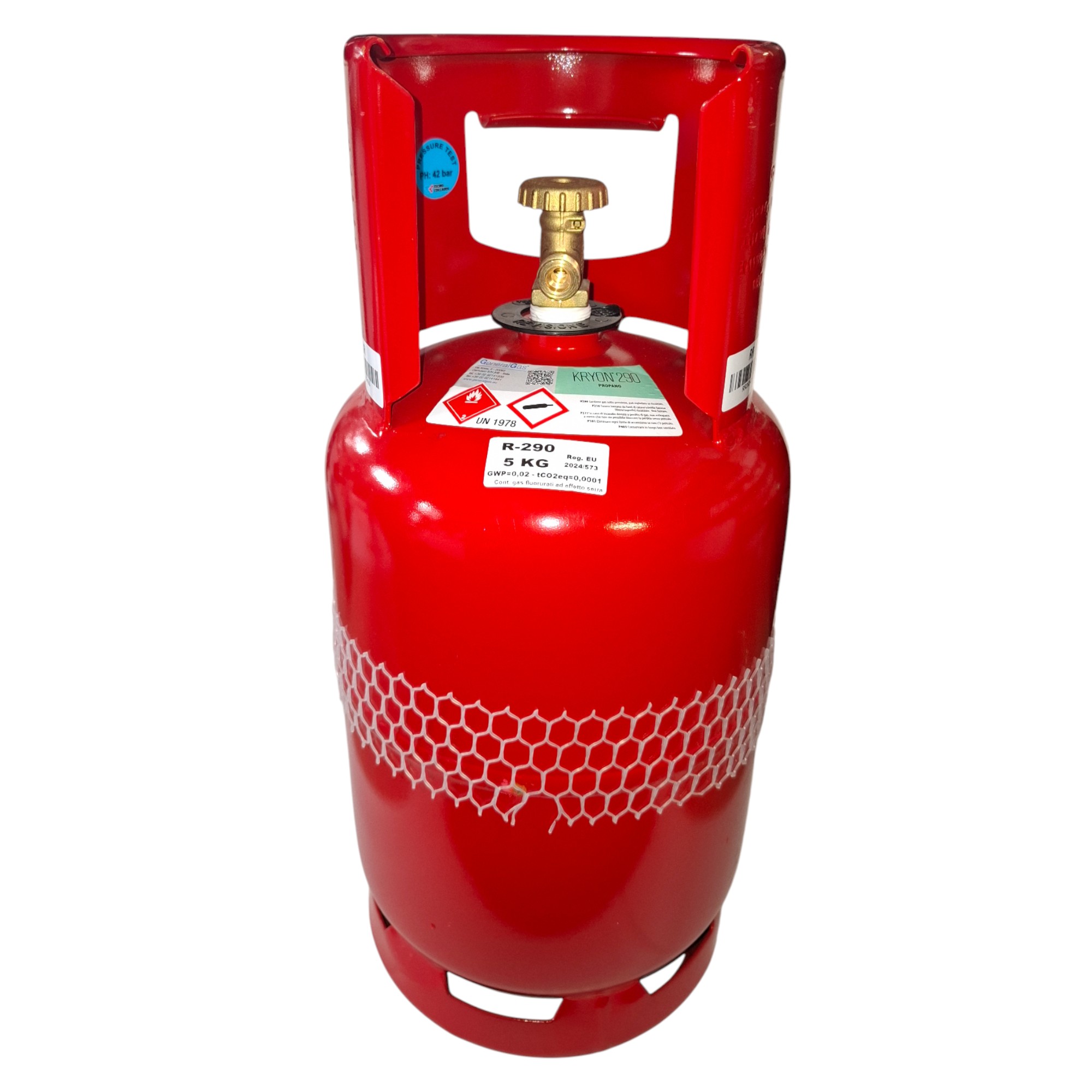 Bombola vuota T-PED ricaricabile 12,5 lt - 42 bar per R290 e R600a, completa di valvola monofase W 20,0 x 1/14” LH