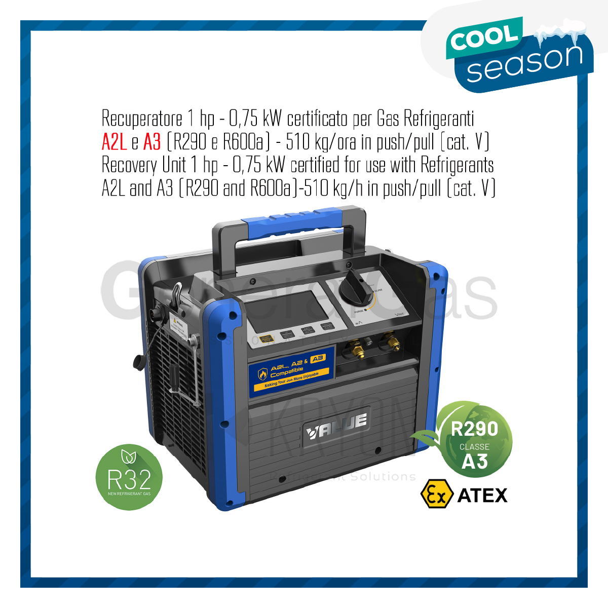 VALUE VRDDF - Recuperatore certificato ATEX per gas infiammabili 1 HP-0,75 KW, 510 kg/ora in push/pull, adatto anche per refrigeranti A2L e A3 (propano R290)
