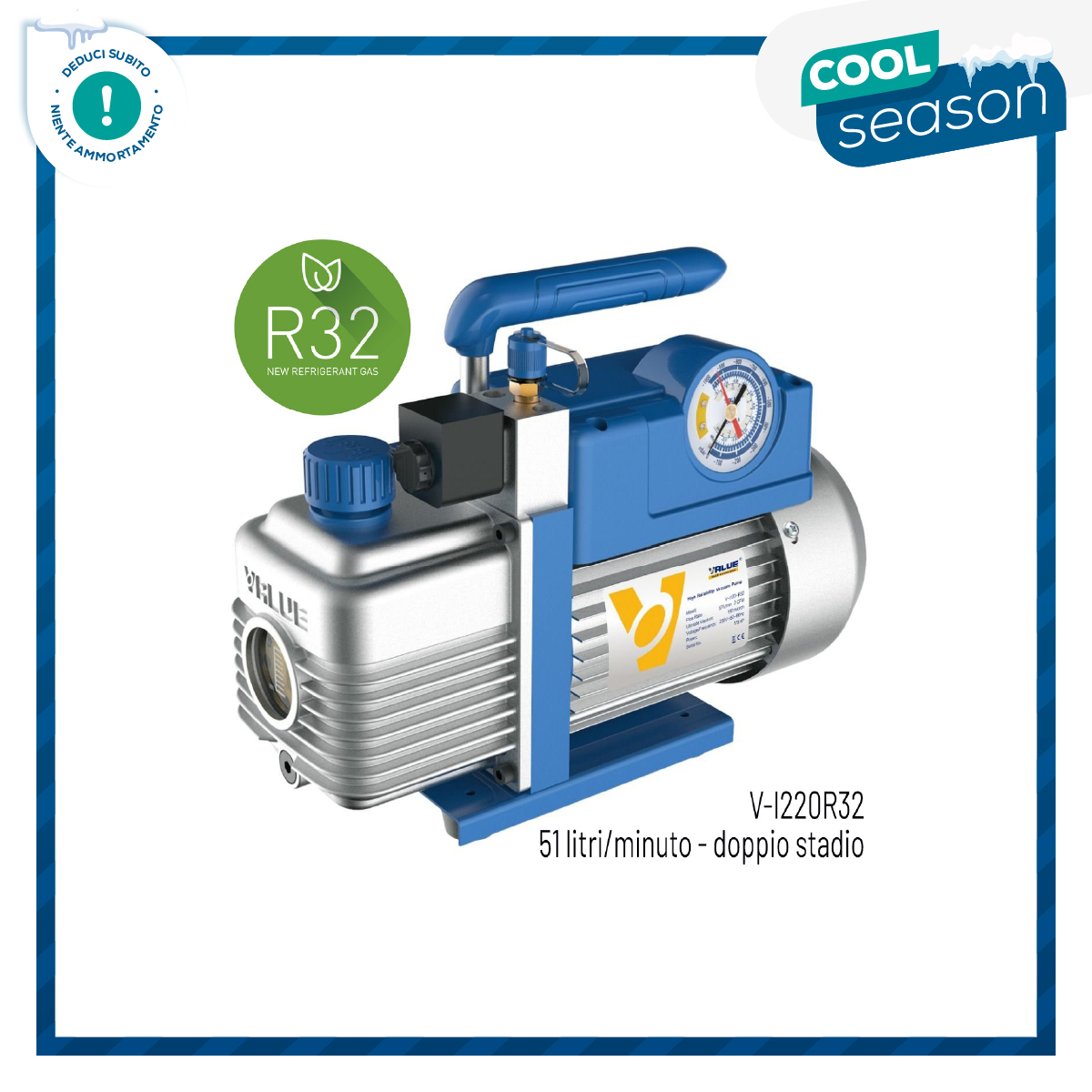 VALUE Pompa vuoto doppio stadio, adatta anche per R32 e A2L, portata 51 litri/minuto, motore 1/3 HP, grado di vuoto 2 x10(-2) mbar - 0,02 mbar/2 Pa/15 micron - con elettrovalvola e vacuometro