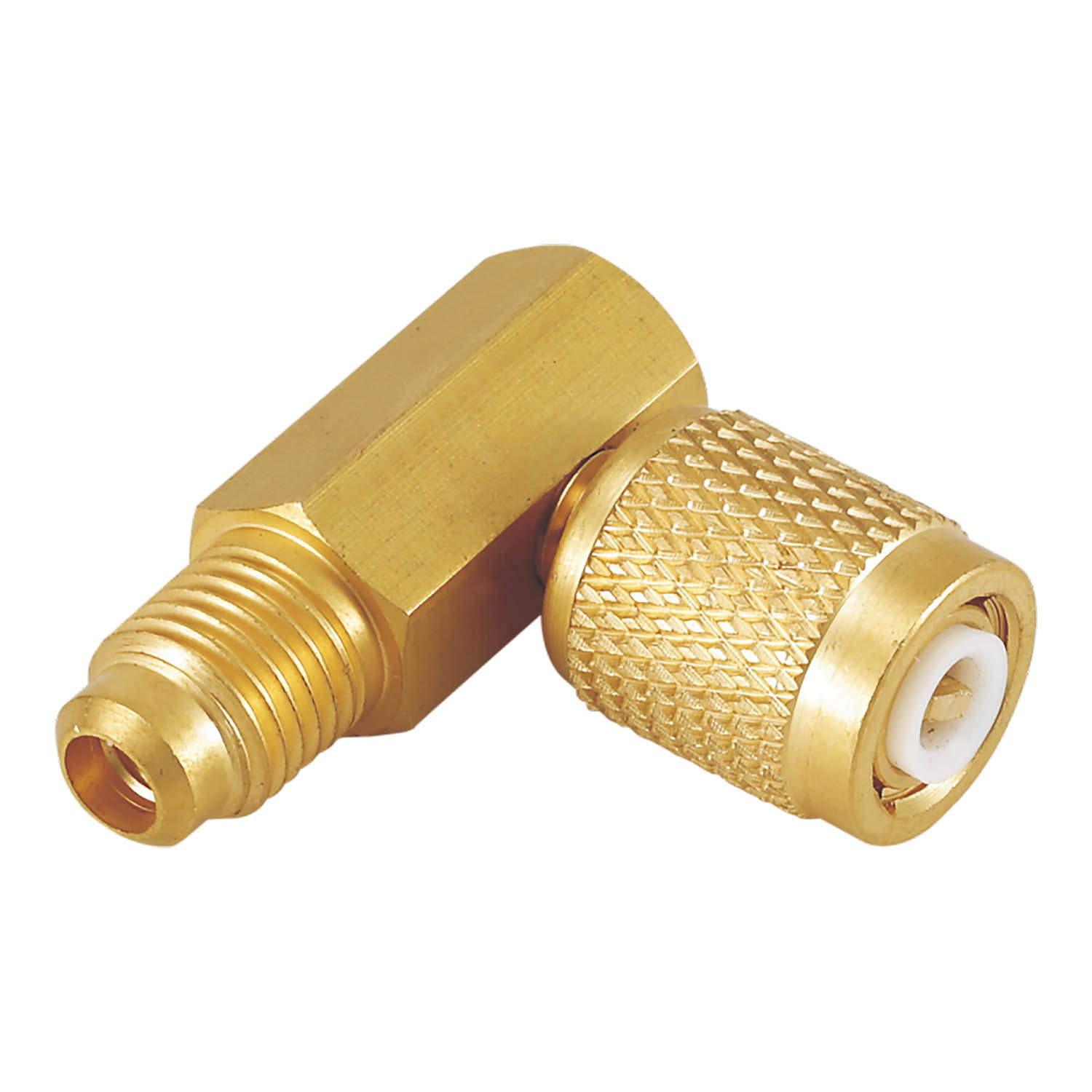 Adattatore 90° in Ottone per Valvola 5/16 SAE femmina girevole (con depressore), Uscita 1/4 SAE Maschio (Value V02)