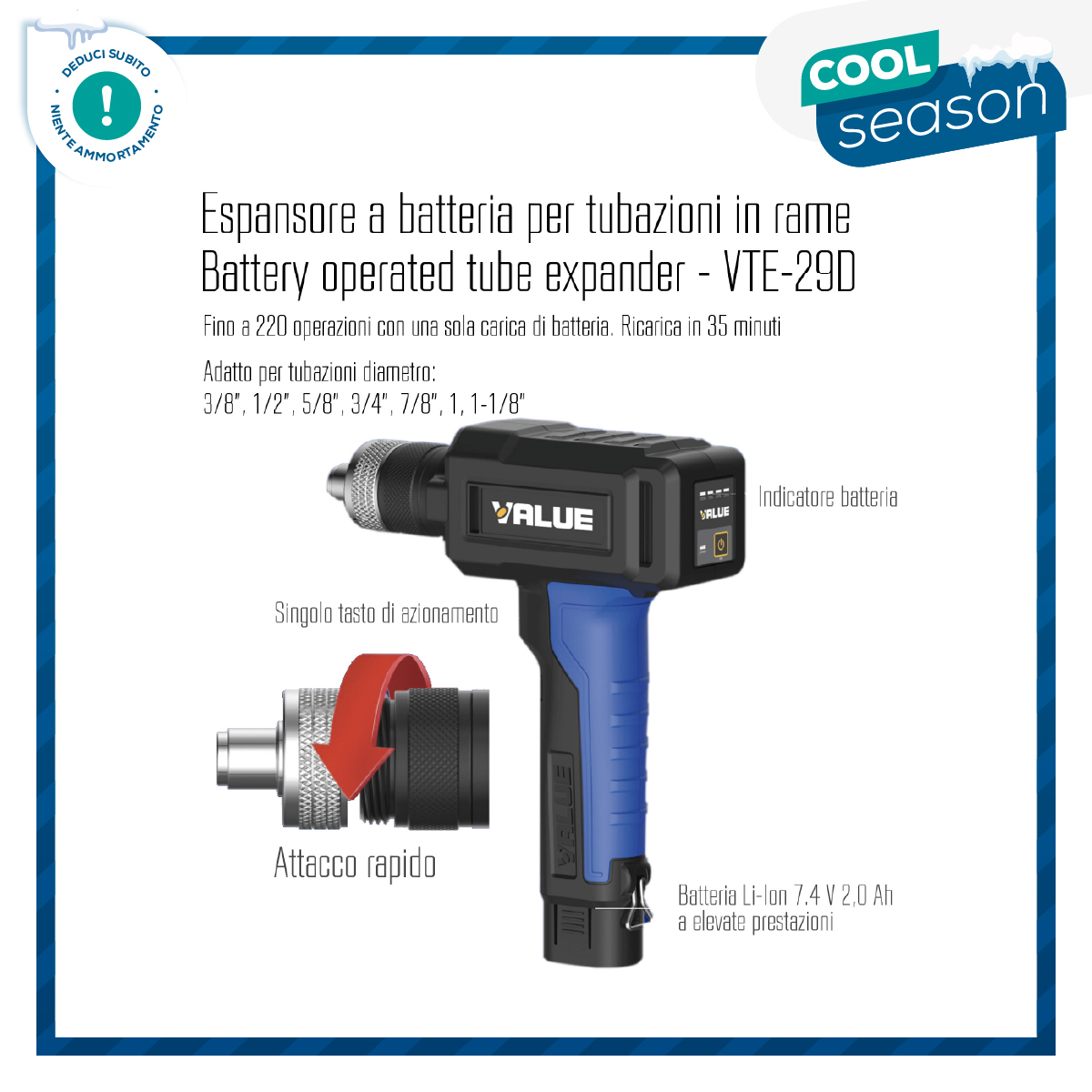 VALUE Espansore a batteria per tubazioni in rame VTE-29D adatto per tubazioni diametro ⅜, ½, ⅝, ¾, ⅞, 1, 1 ⅛ pollici - con 1 batteria, in valigetta di materiale plastico