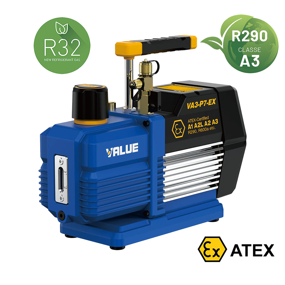 VALUE VA3-P7-EX pompa vuoto ATEX portata 198 litri/minuto, vuoto 15 micron, adatta per refrigeranti A3 (propano R290 e isobutano R600a), A2, A2L e A1
