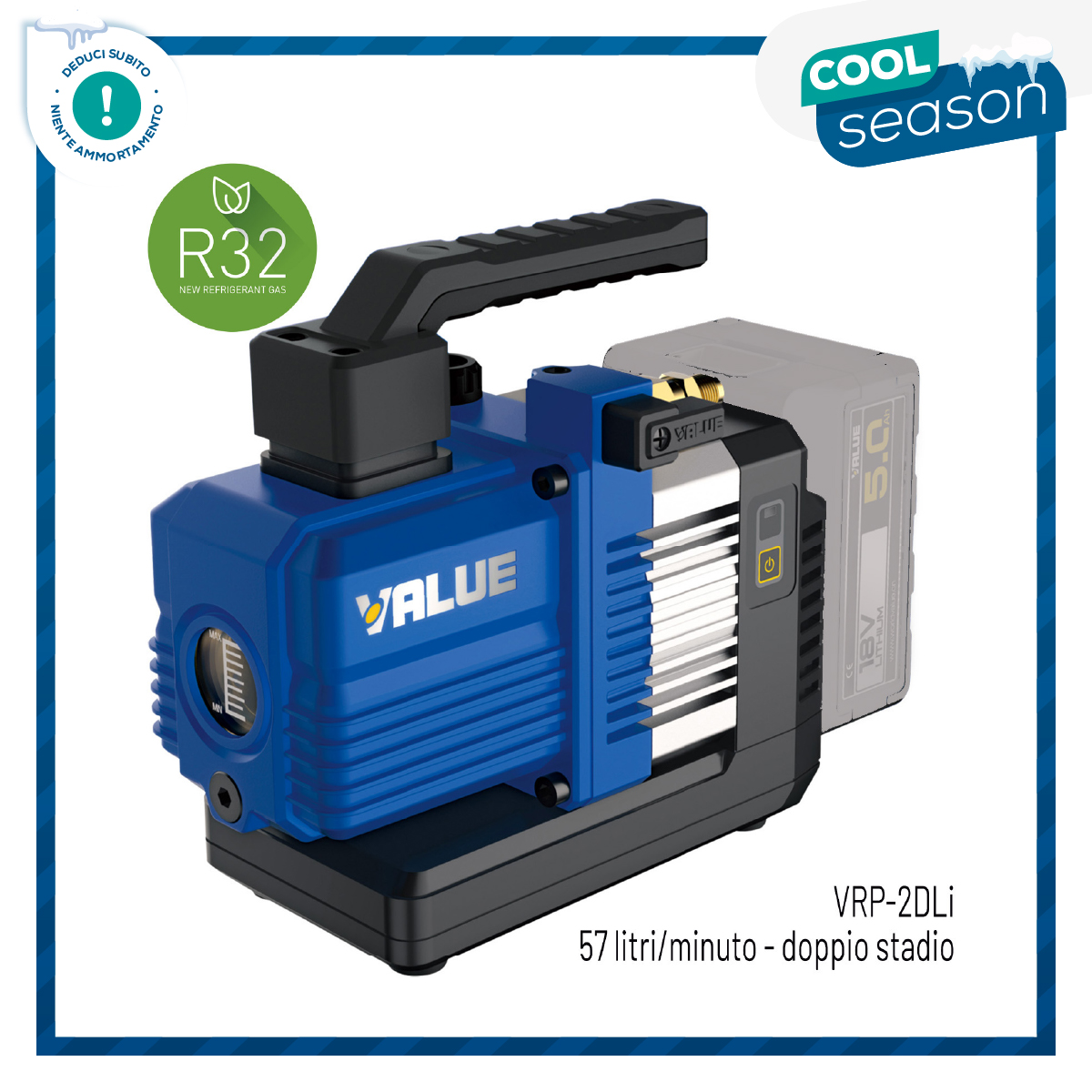 VALUE Pompa vuoto VRP-2DLi due stadi a batteria (SENZA BATTERIA) portata 57 litri/minuto, adatta anche per R32 e refrigeranti A2L