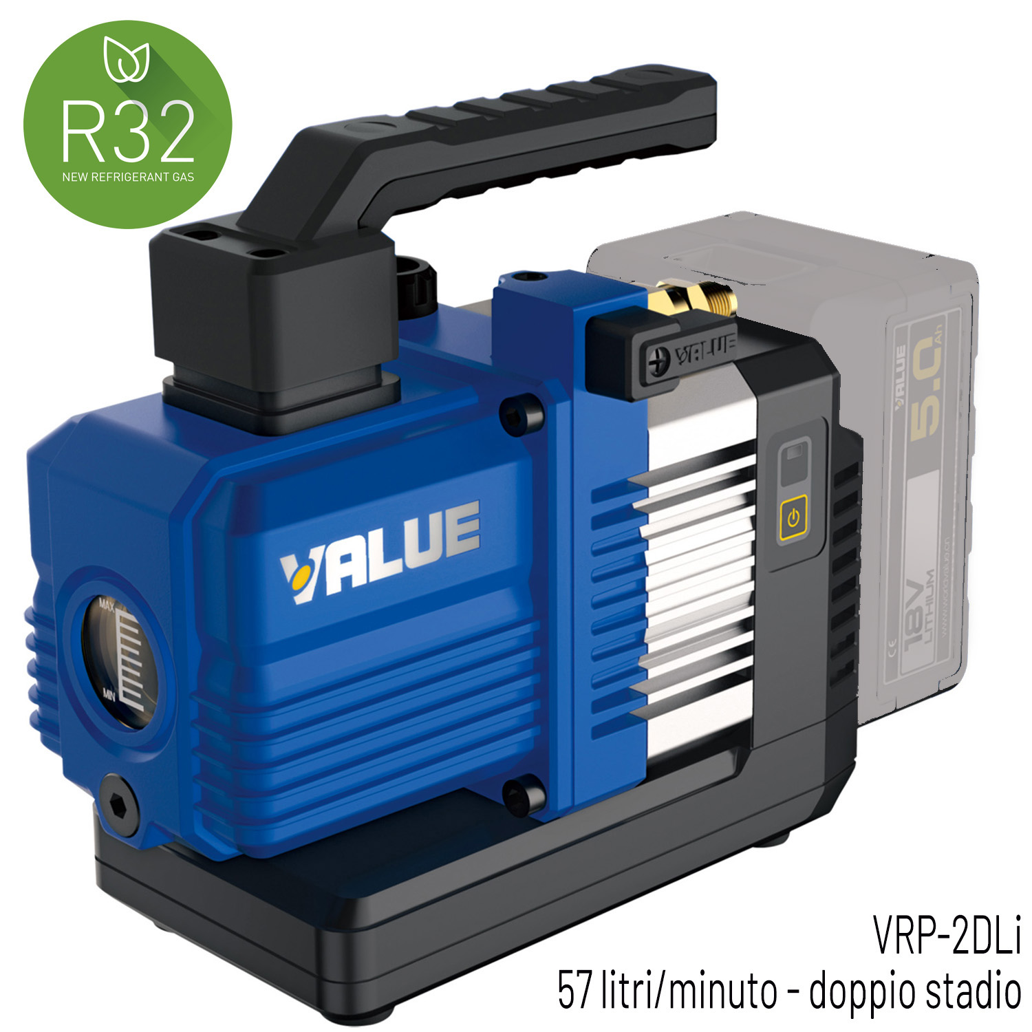 VALUE Pompa vuoto VRP-2DLi due stadi a batteria (SENZA BATTERIA) portata 57 litri/minuto, adatta anche per R32 e refrigeranti A2L