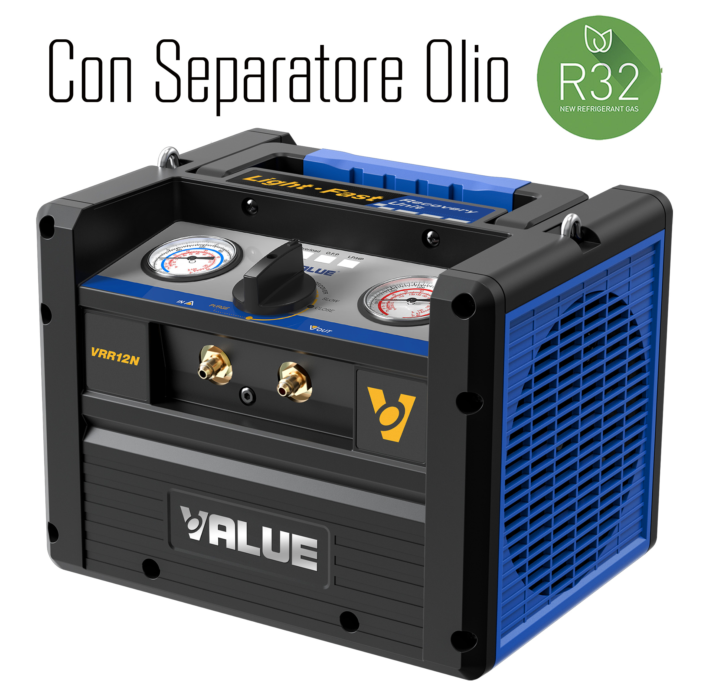 VALUE VRR12N-OS Recuperatore digitale per Gas Refrigeranti A1 e A2L (incluso R32), portatile e dotato di Separatore Olio