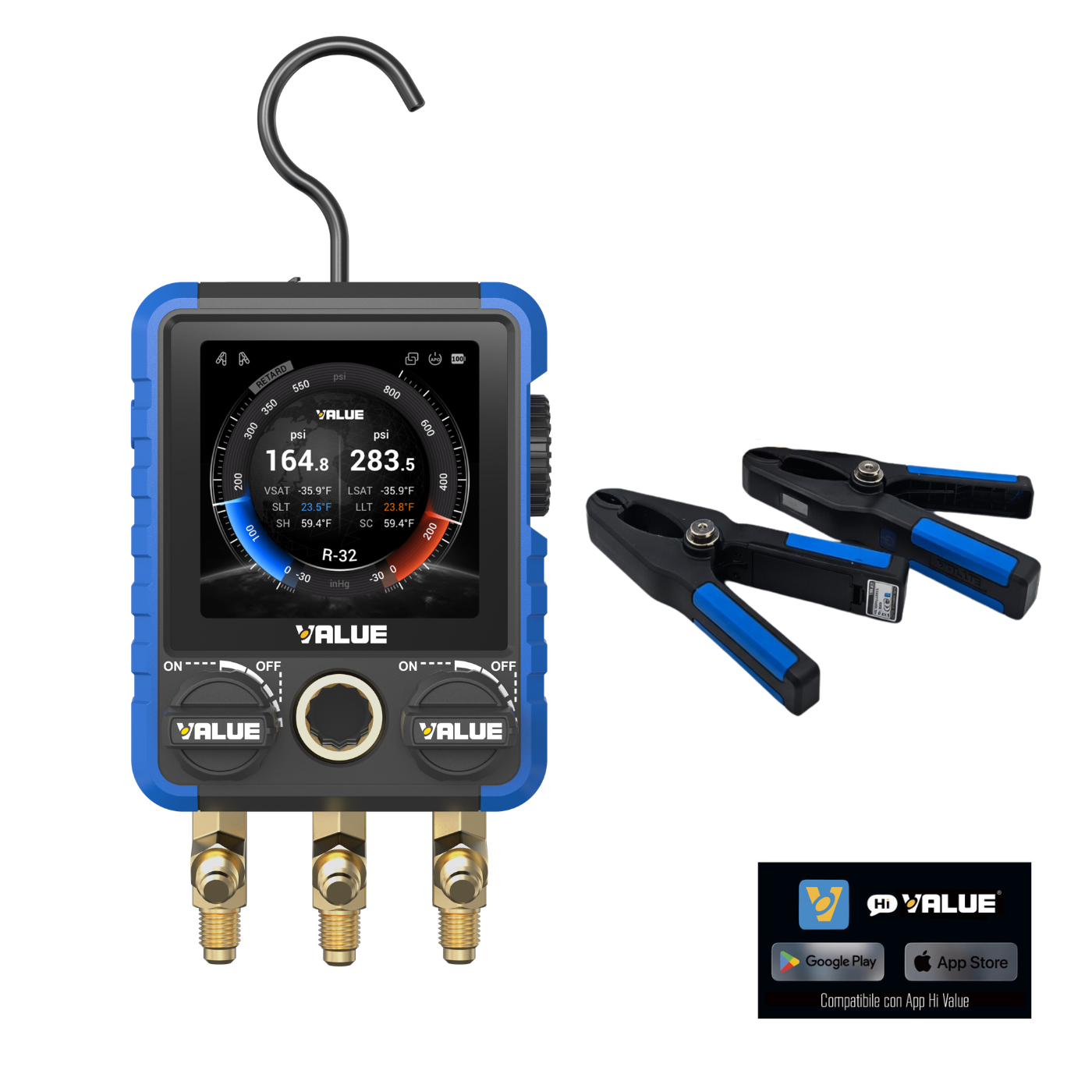 Value Gruppo Manometrico Digitale 2 Vie VRM1-Xi Wireless - Compatibile con Gas A2L - Con Sonde di Temperatura Bluetooth