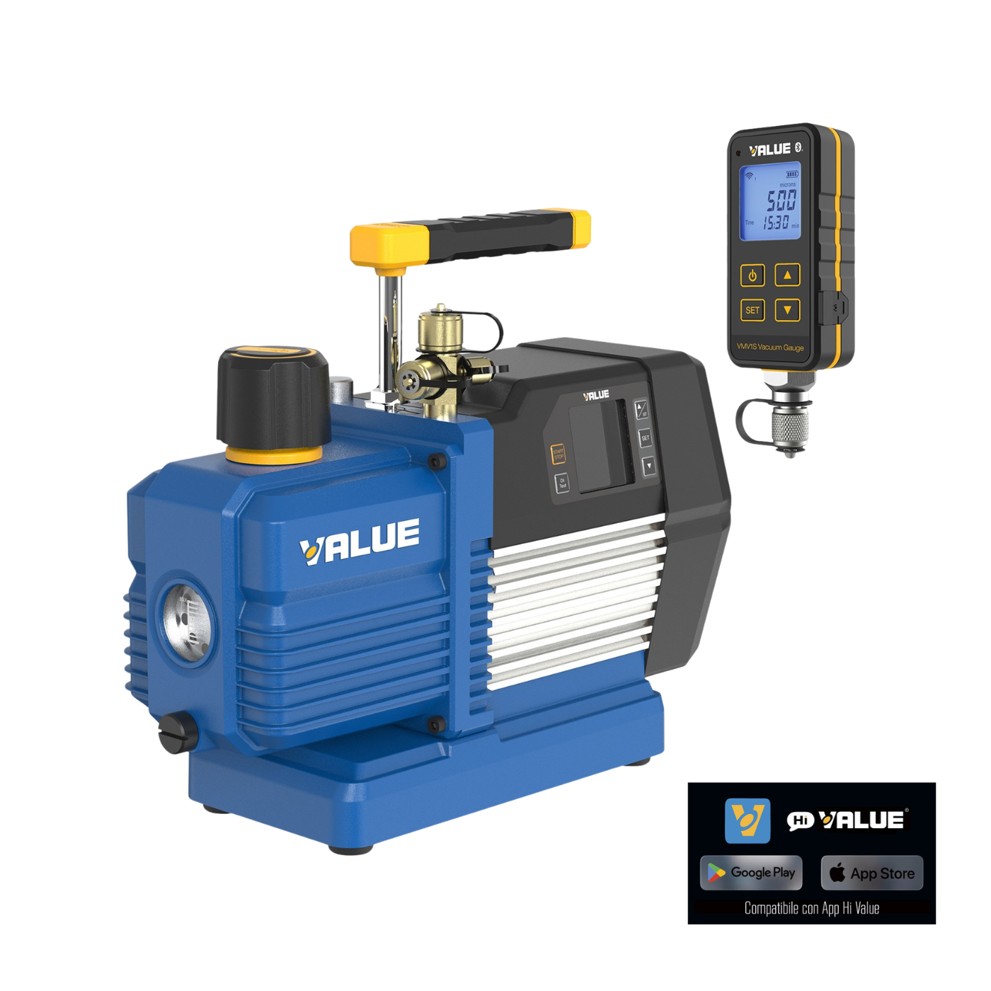 VALUE VP8DSV Pompa Vuoto a doppio stadio adatta per refrigeranti A1 e A2L (incluso R32), con display digitale - portata 226 L/min (8 CFM), 15 Micron - dotata di vacuometro digitale wireless VMV1S, per misurazione anche da remoto