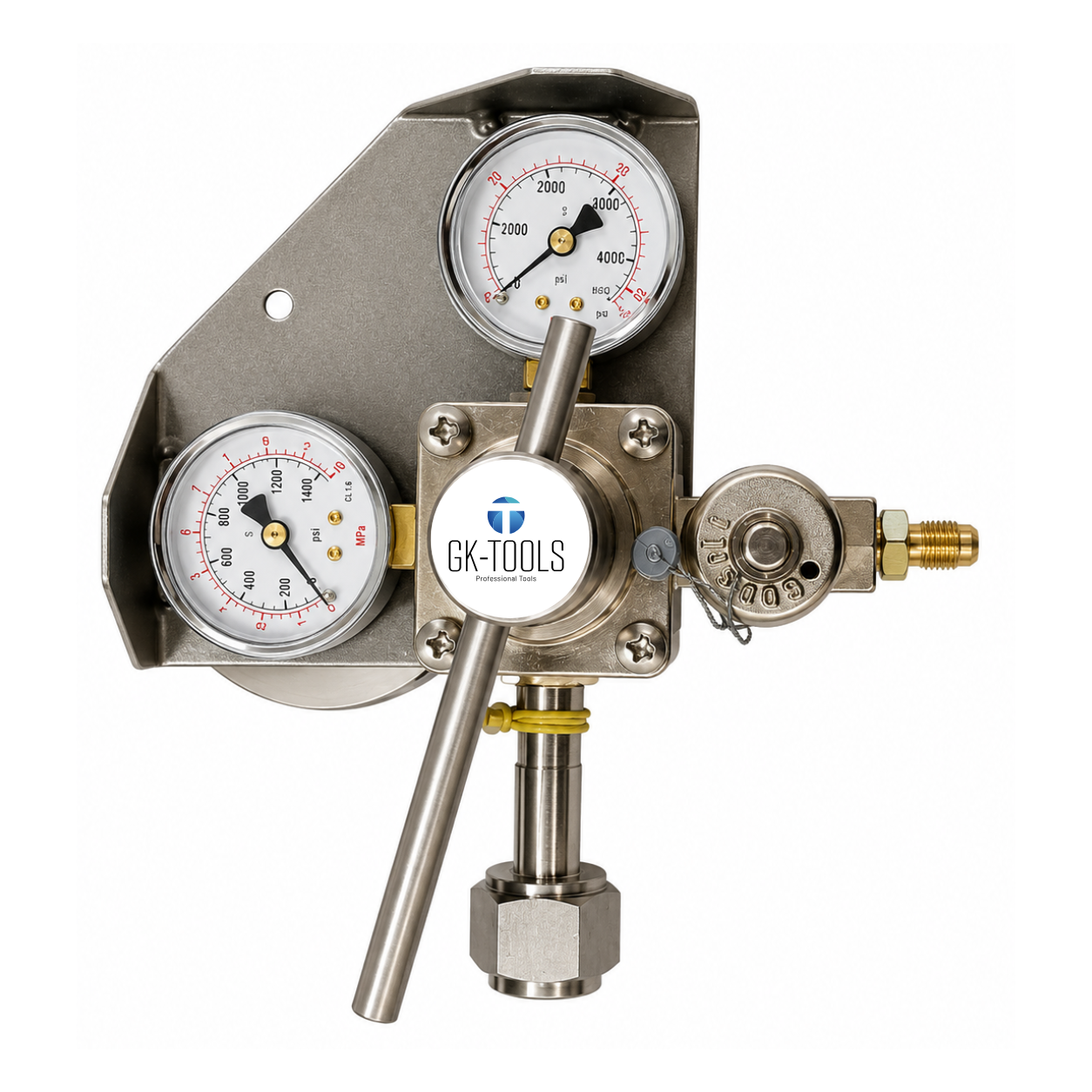 Riduttore di pressione N2, N2/H2 PREMIUM attacco Germany doppio attacco 24,32 x 1/14 RH femmina e M10x1 - uscita 48 bar per prove tenuta con azoto e miscela azoidro 5%