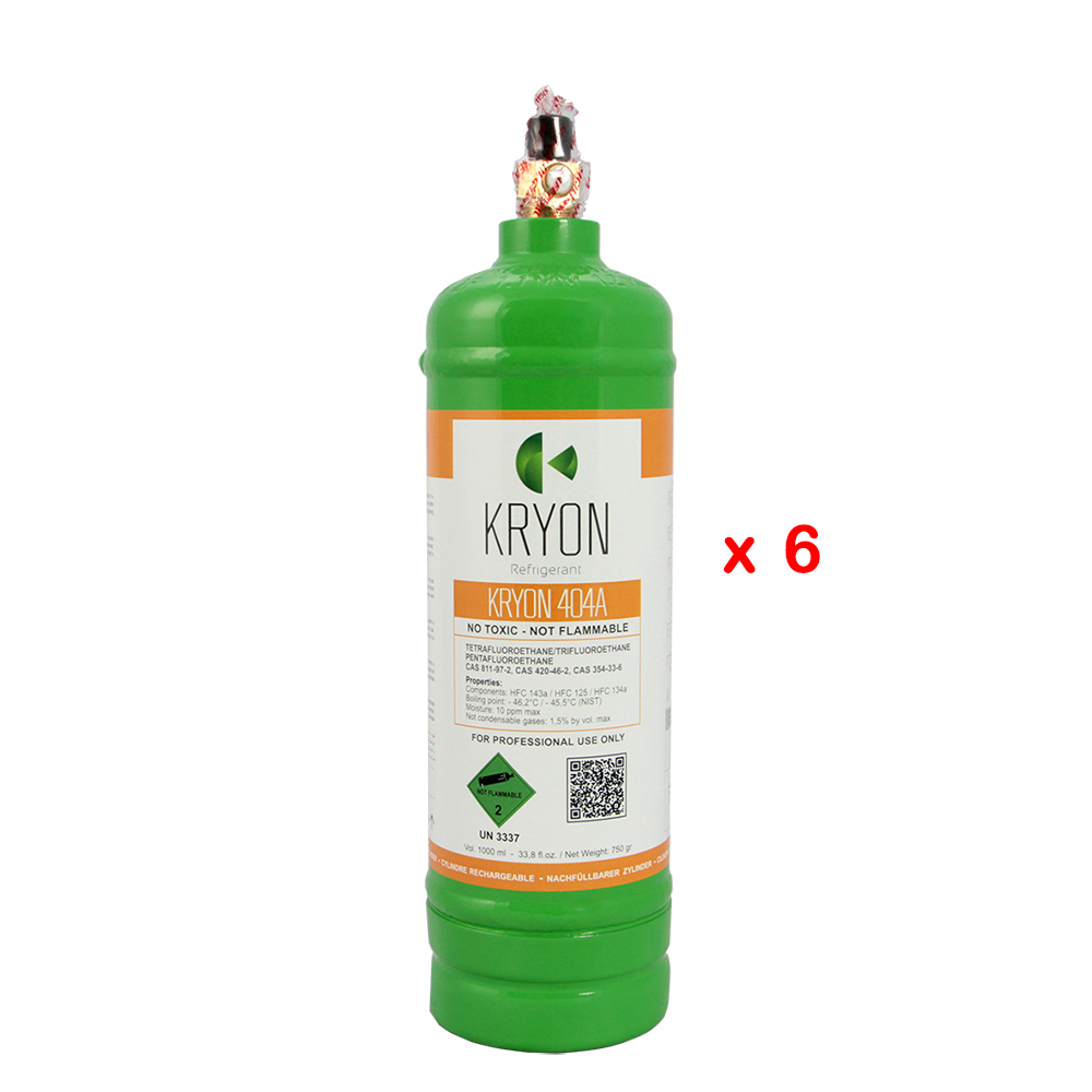 6 x R404A confezione 6 Bombole Kryomart - 1 Lt / 0,75 kg. - 48 Bar - acciaio al carbonio - valvola ¼ SAE RH