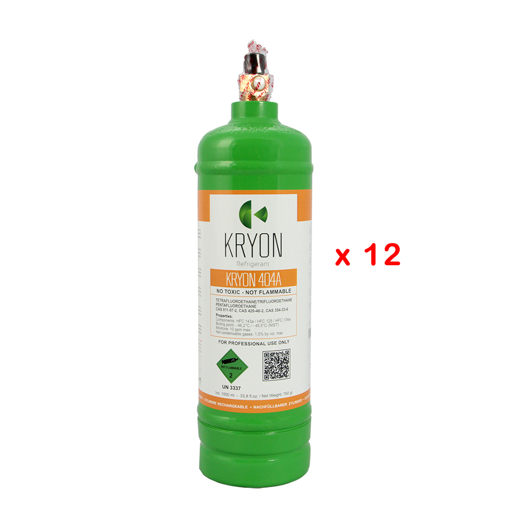 12 x R404A Confezione 12 Bombole KryoSmart di R404A - 1 Lt / 0,75 kg - 48 Bar - acciaio al carbonio - valvola ¼ SAE RH