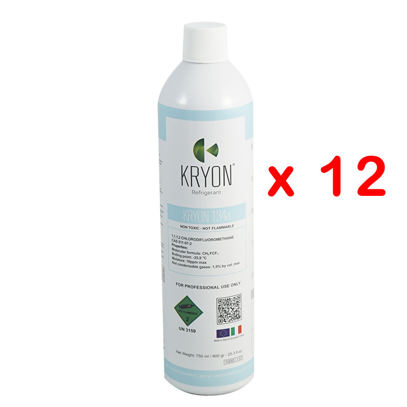 12 x R134a Kryon® 134a conf.ne 12 bombolette alluminio aerosol - 750 ml/800 gr. 30 Bar - valvola B188 std. 7/16 EU