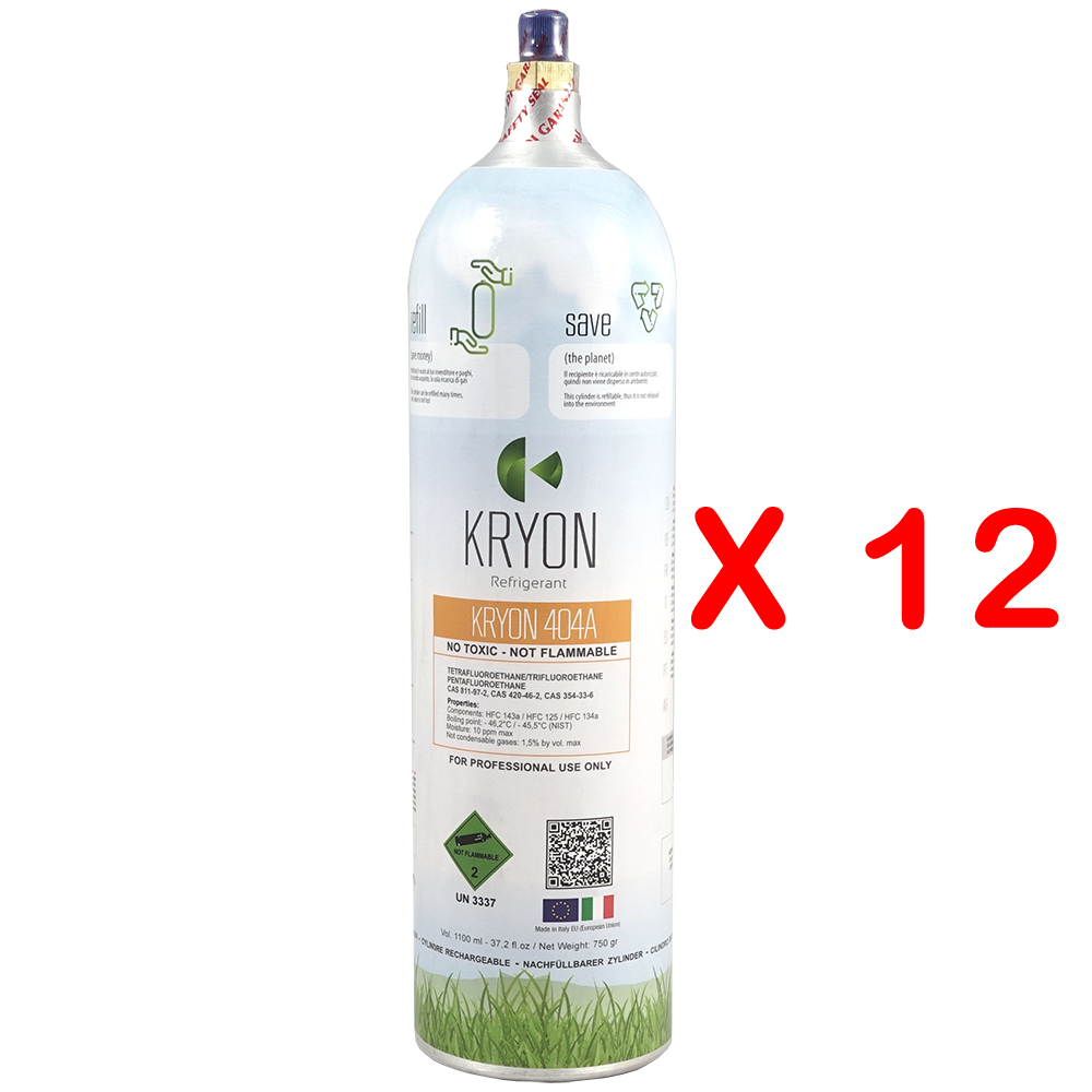 12 x R404A Confezione 12 Bombole KryoSmart Alu di R404A - 1,1 Lt / 0,75 kg - 48 Bar - alluminio - valvola ¼ SAE RH