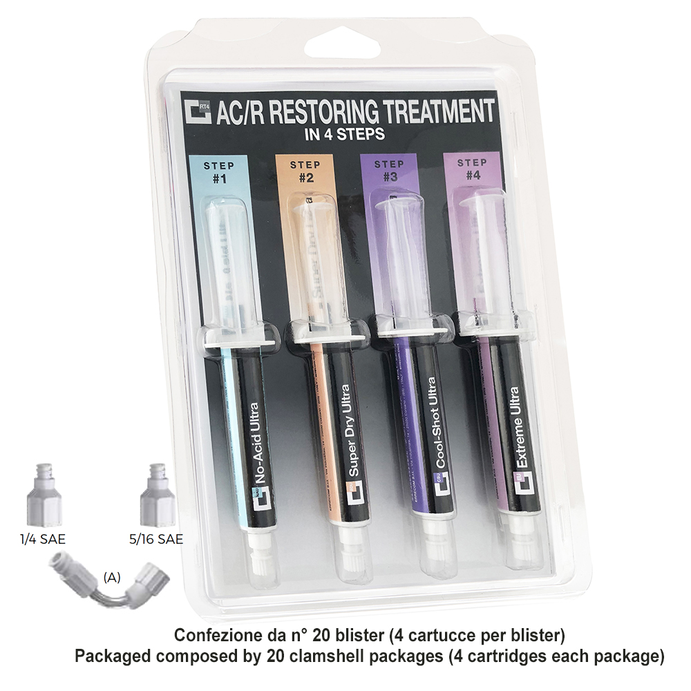 20 x Kit Trattamento completo per Impianti RAC - RESTORING TREATMENT (KIT ULTRA) - Blister con 4 Cartucce + AdattatorI 1/4 SAE e 5/16 SAE più flessibile - confezione n° 20 pezzi