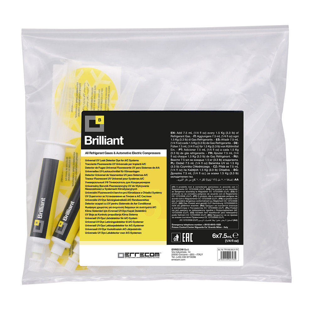 25 x Tracciante Cercafughe Fluorescente UV - BRILLIANT - 6 Cartucce da 7,5 ml - Confezione n° 25 pz.