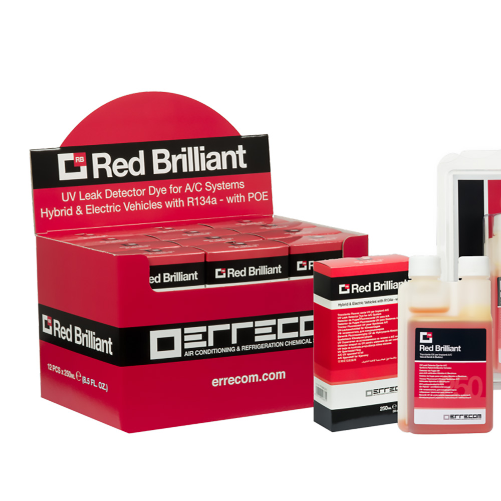 12 x Tracciante Cercafughe Fluorescente UV a base POE - RED BRILLIANT - 250 ml - Confezione n° 12 pz.