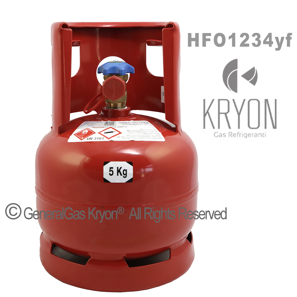 1234yf Kryon® HFO yf in Bombola a Rendere 6 Lt / 5 Kg - 42 Bar T-PED - valvola 21,8 x 1/14 sinistro (adattatore con uscita attacco rapido alta pressione HP J2888 non incluso)