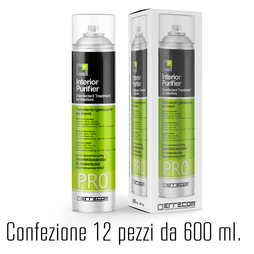 12 x Trattamento disinfettante spray per Ambienti - INTERIOR PURIFIER PRO - Disinfettante registrato in Germania (N69547) - 600 ml. - confezione n° 12 pz.