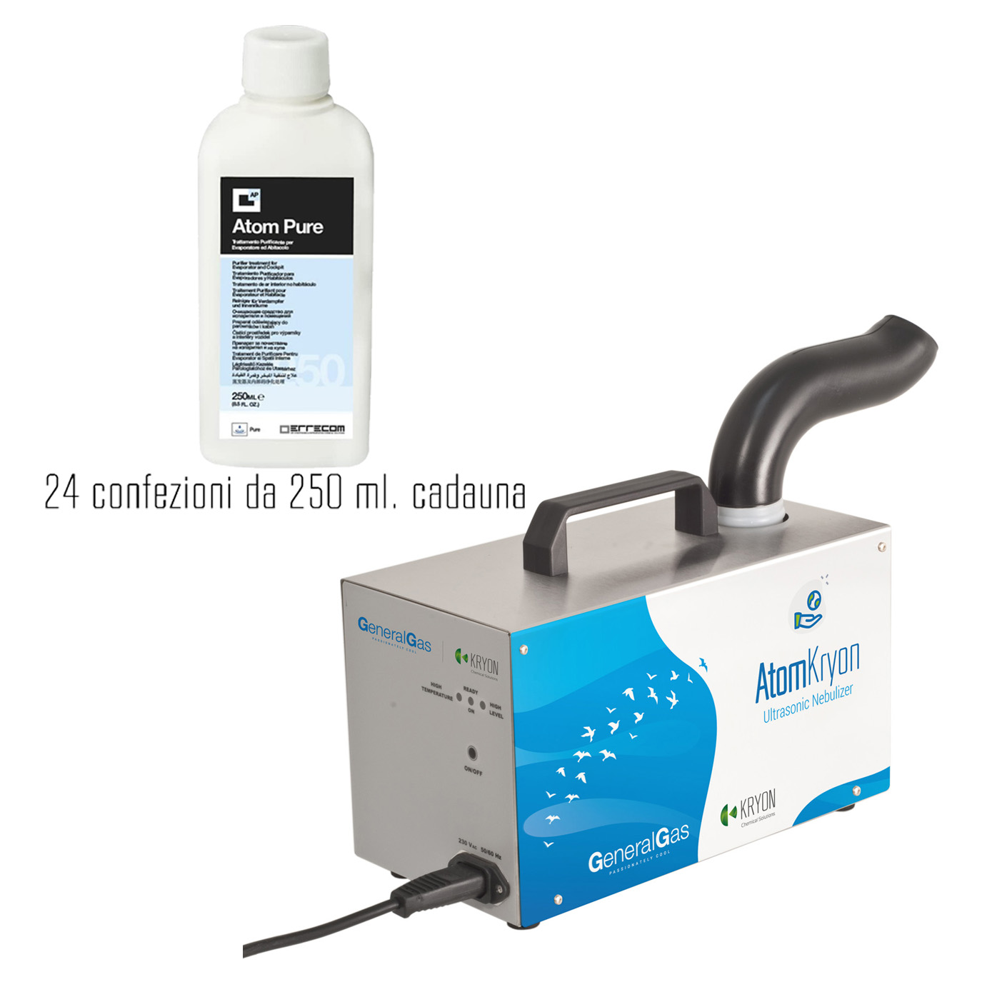 AtomKryon  Nebulizzatore Ultrasonico Professionale per Igienizzazione Ambienti, completo di n° 24 ricariche 250 ml di disinfettante ATOM LIQUID - Confezione n° 1 pz.