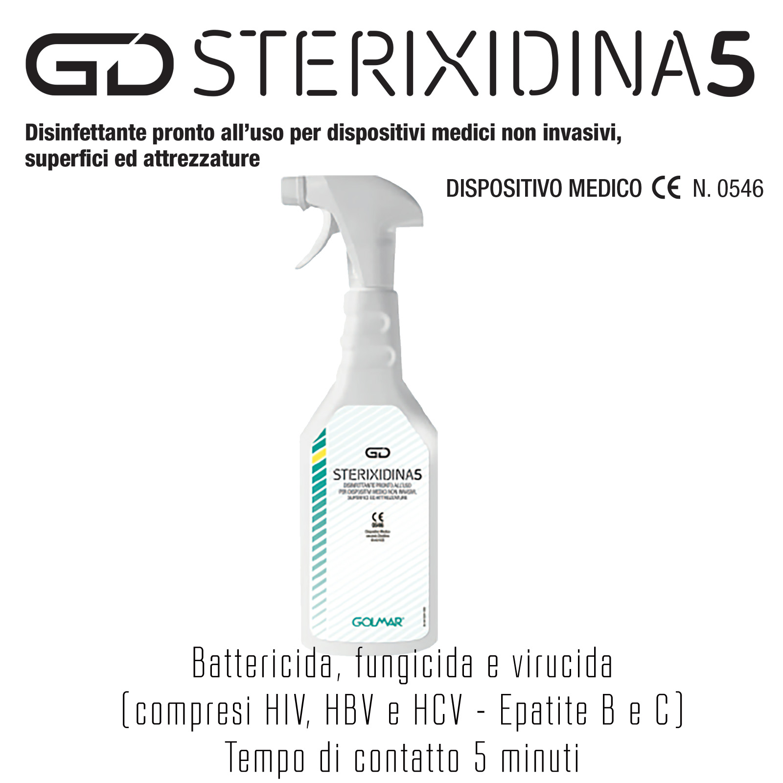 GOLMAR GD STERIXIDINA 5 disinfettante PMC pronto all’uso per dispositivi medici non invasivi, superfici ed attrezzature - 750 ml