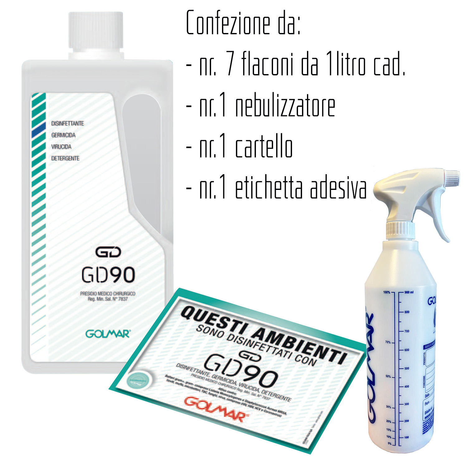 GOLMAR GD90 liquido 1 litro - PMC disinfettante professionale ad ampio spettro (virucida incluso Coronavirus, battericida e levuricida) – confezione da  7 flaconi da 1litro cad.,  n.1 nebulizzatore, n.1 cartello n.1 etichetta