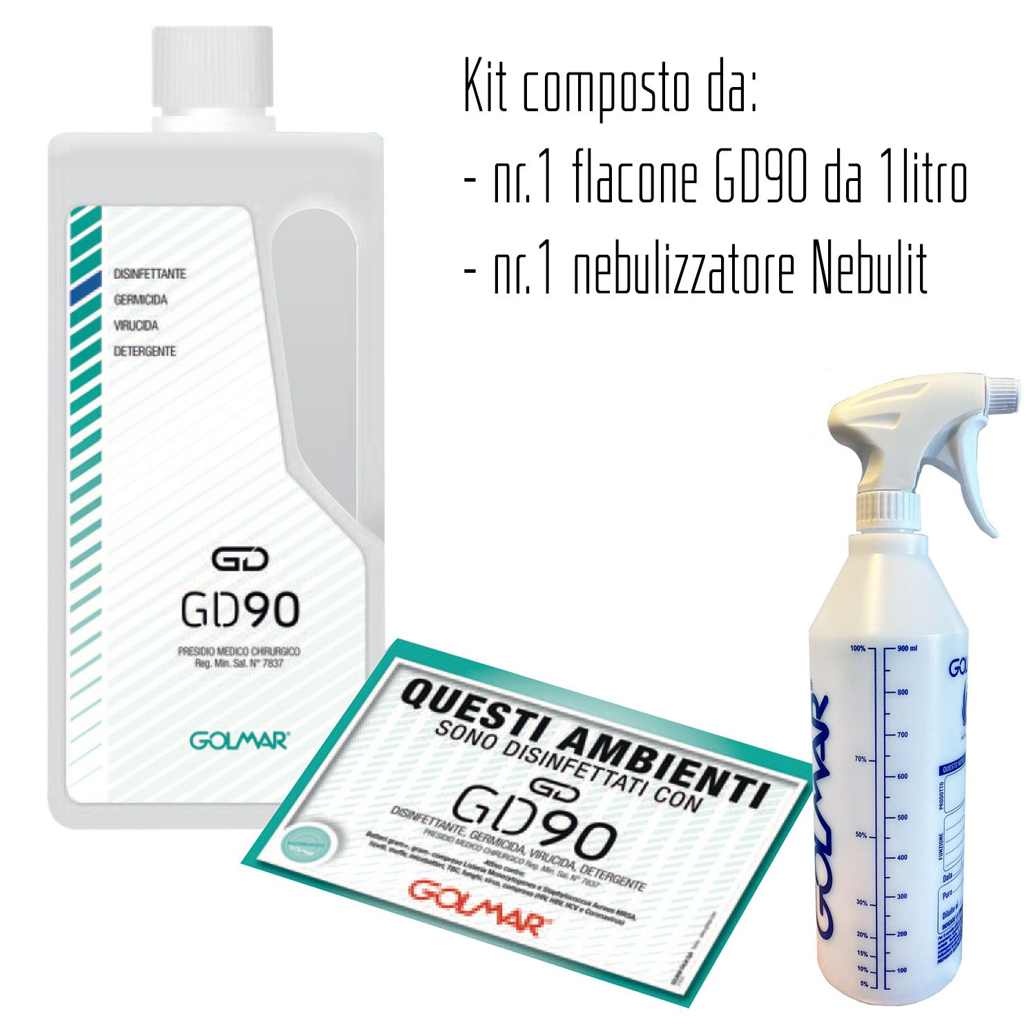 Kit composto da: n° 1 flacone GD90 liquido 1 lt - PMC disinfettante professionale ad ampio spettro (virucida incluso Coronavirus, battericida e levuricida) e n°1 NEBULIT - flacone nebulizzatore graduato da 1 lt - per dosaggio GD90 liquido in diluizione 5% con acqua