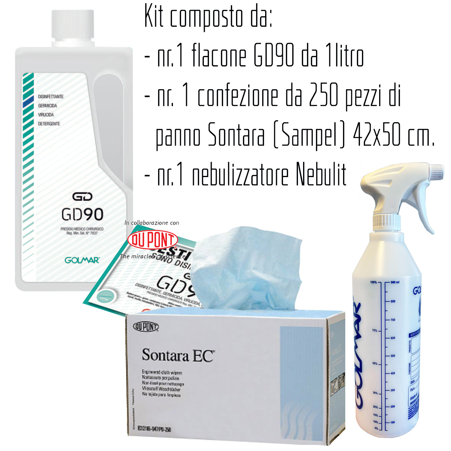 Kit composto da: n° 1 flacone GD90 Liquido 1 lt - PMC disinfettante professionale ad ampio spettro (virucida incluso Coronavirus, battericida e levuricida), n° 1  NEBULIT - flacone nebulizzatore graduato da 1 lt - per dosaggio GD90 liquido in diluizione 5% con acqua, n° 1 confezione dd 250 fogli 42x50 cm. di SONTARA EC®  GRANDE (SAMPEL) - DUPONT - panno tessuto non tessuto ad alte prestazioni