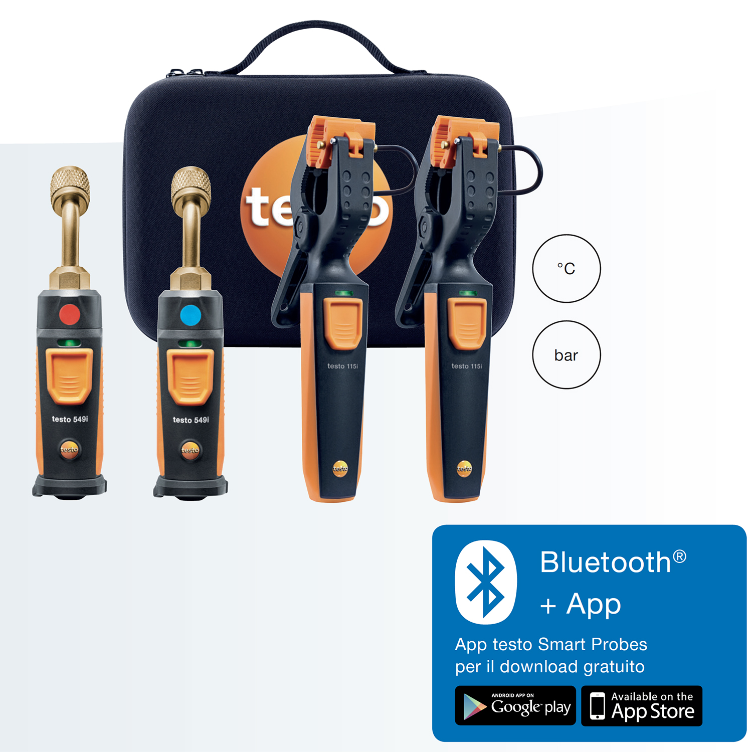Testo Smart Probes – Kit refrigerazione per verifica pressione e temperatura 2 misuratori di alta pressione testo 549i + 2 termometri a pinza testo 115i
