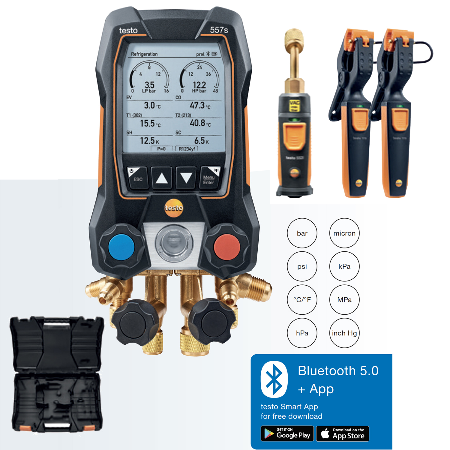 Testo 557S - Gruppo Manometrico Digitale con Bluetooth e blocco valvole a quattro vie (compatibile con sistema Testo SmartApp) - incluso 2 sonde temperatura + sonda per vuoto senza fili
