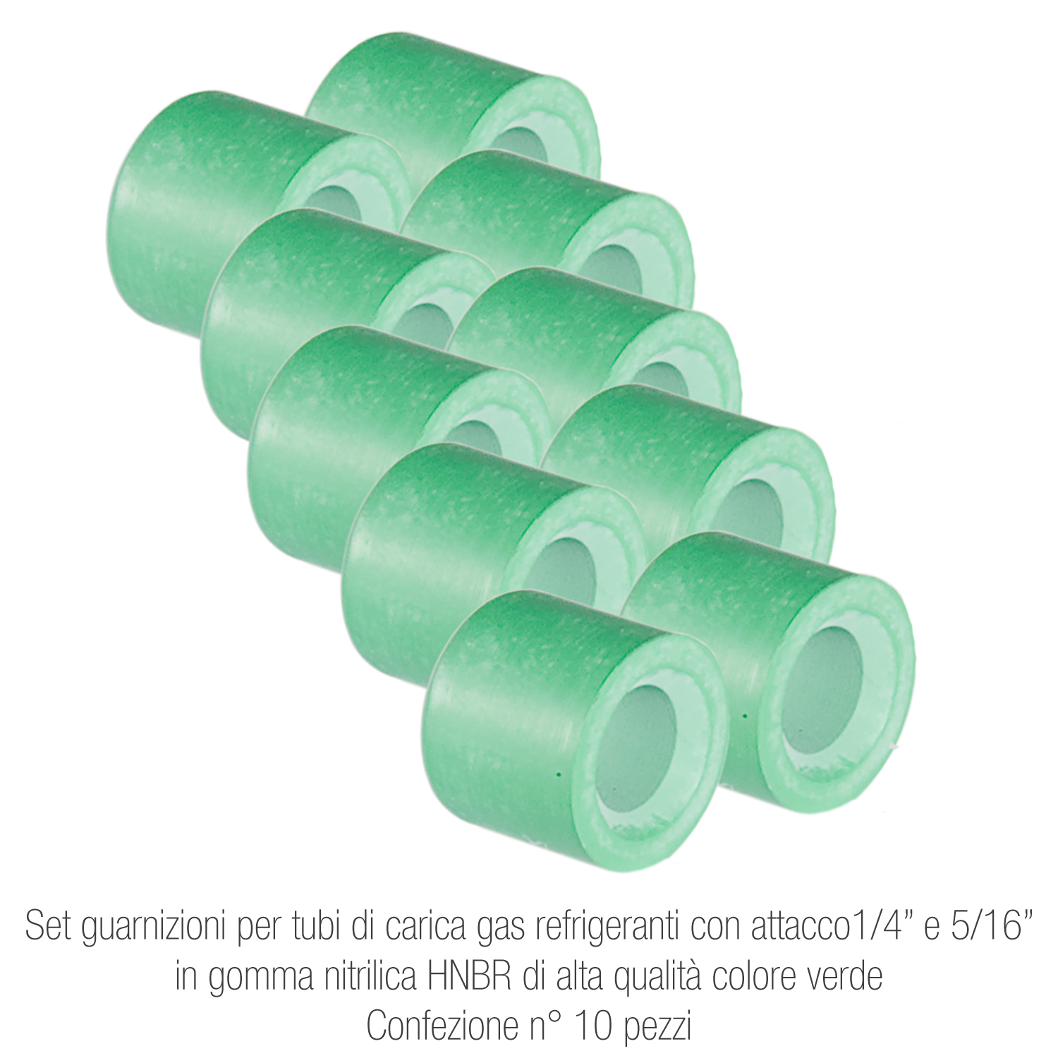 Set guarnizioni per tubi di carica gas refrigeranti - attacco ¼ e 5/16, in gomma nitrilica HNBR alta qualità colore verde - confezione n° 10 pezzi