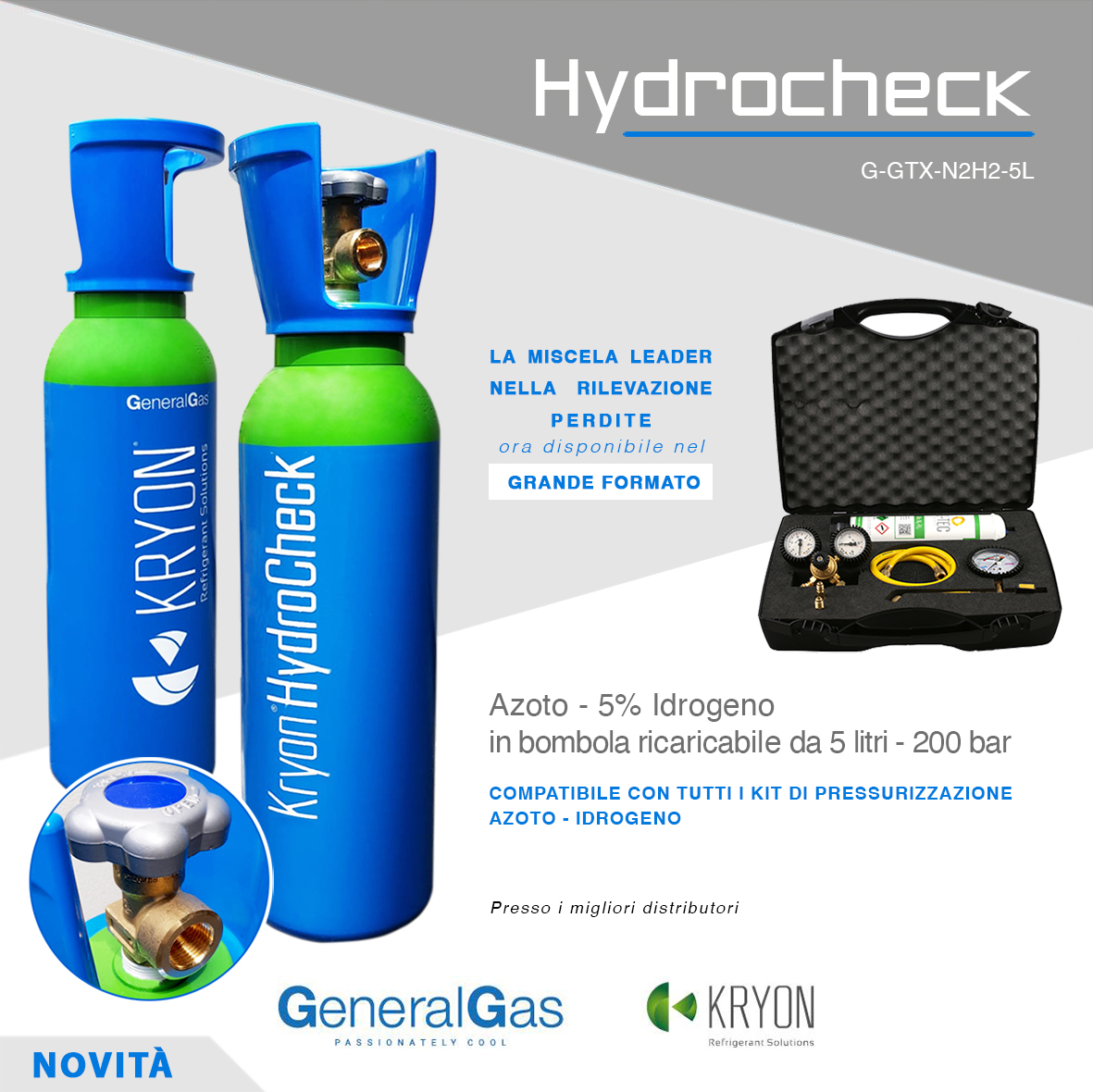 Kryon® HydroCheck 1000 lt. - bombola azoto 5% idrogeno (miscela cercafughe azoidro) capacità 5 litri 200 bar - caricata con 1 mc di miscela, completa di valvola - Foto 2