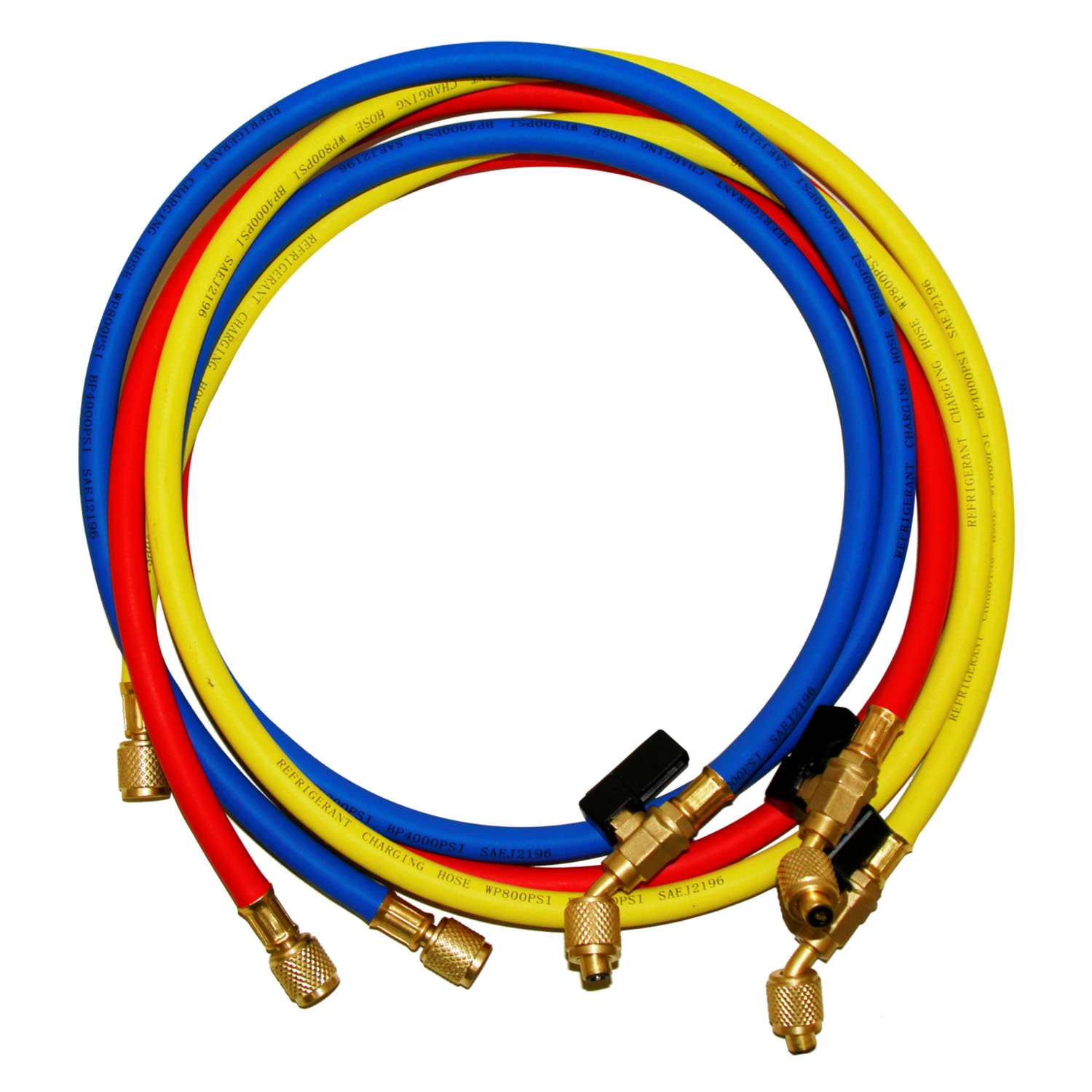 Kit n° 3 tubi di carica (rosso + giallo + blu) - lunghezza 150 cm. - con valvola lato 45° - attacchi 1/4 SAE su entrambi i lati, con valvola a sfera e depressore