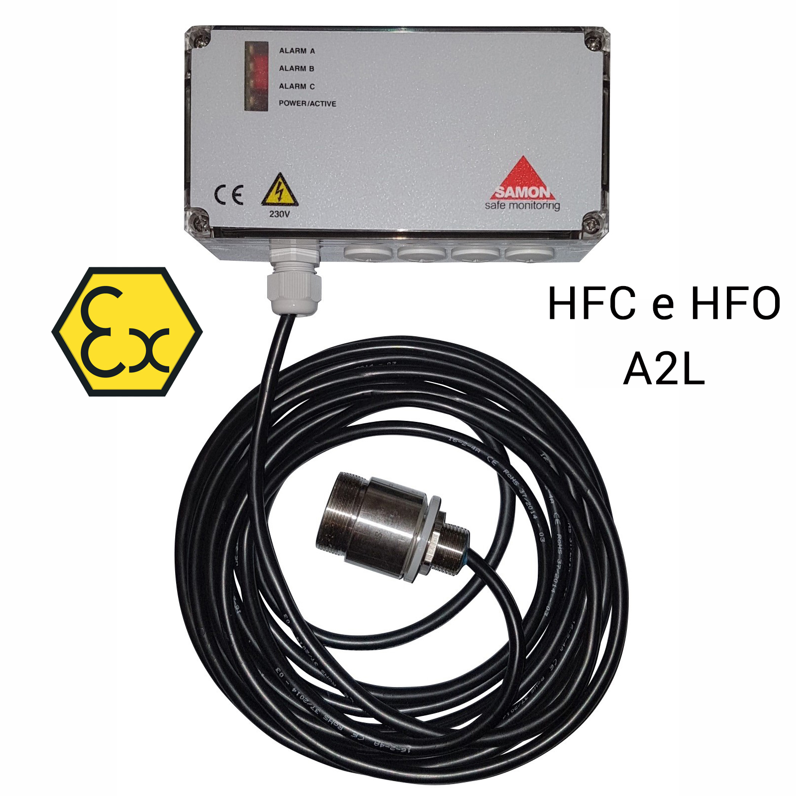SAMON GXR230-HFC: centralina ATEX di rilevazione con sensore remoto, per refrigeranti sintetici A2L (HFO e HFC incluso R32) - unità con uscita relé e sensore a semiconduttore (SC)