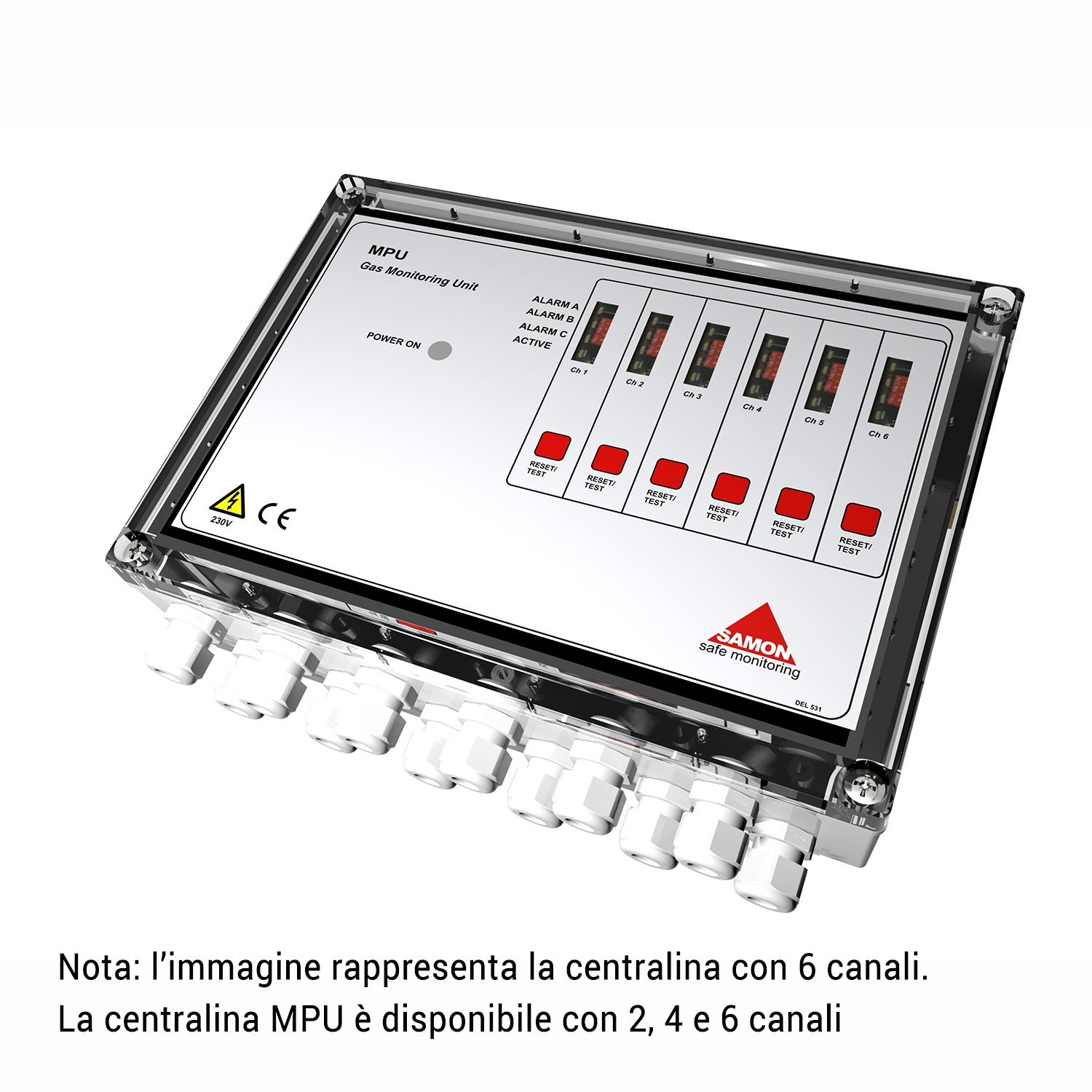 SAMON MPU4C: unità di controllo MPU - centrale multizona a 4 canali con allarme luminoso + acustico (per HFC, HFO e CO2) - unità con uscita relé, collegabile a sensori esterni (forniti separatamente)