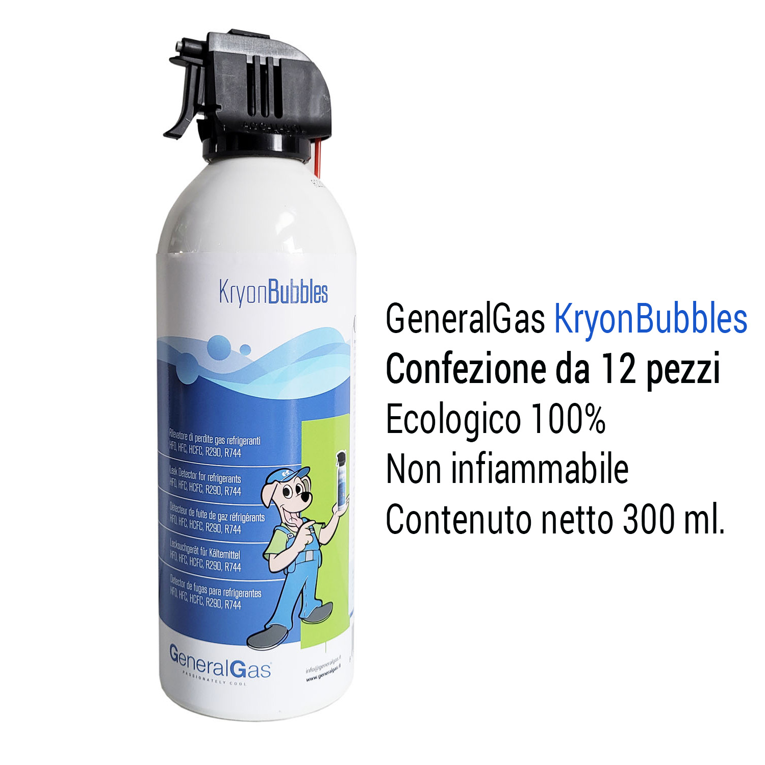 12 x KryonBubbles - Cercafughe schiumogeno professionale non infiammabile per gas refrigeranti HFO, HFC, R290, R744 - in bomboletta spray alluminio da 400 ml - contenuto netto escluso propellente 300 ml. - confezione 12 pezzi