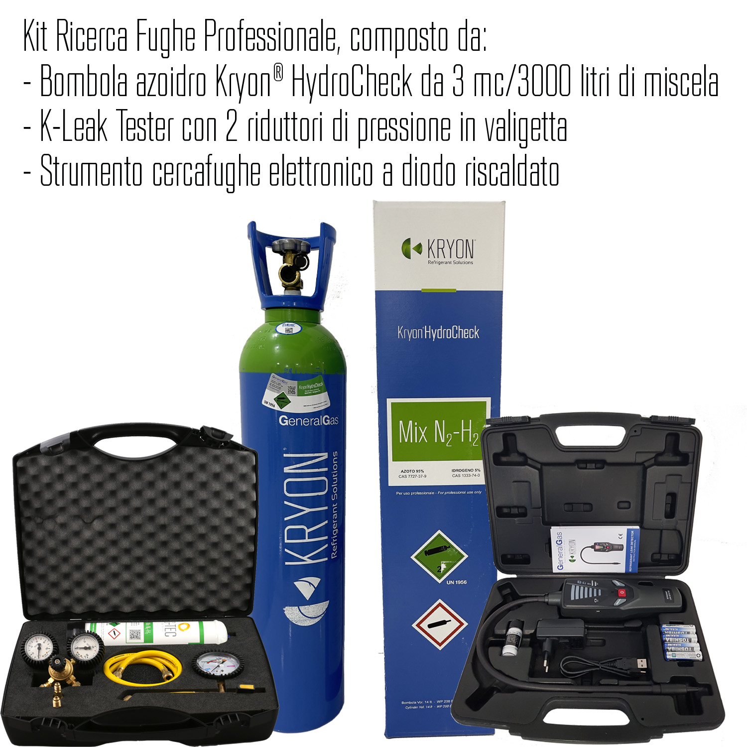 Kit Ricerca Fughe Professionale (Refrigerazione e Condizionamento) composto da bombola azoidro Kryon® HydroCheck da 3 mc/3000 litri di miscela, K-Leak Tester e strumento cercafughe elettronico