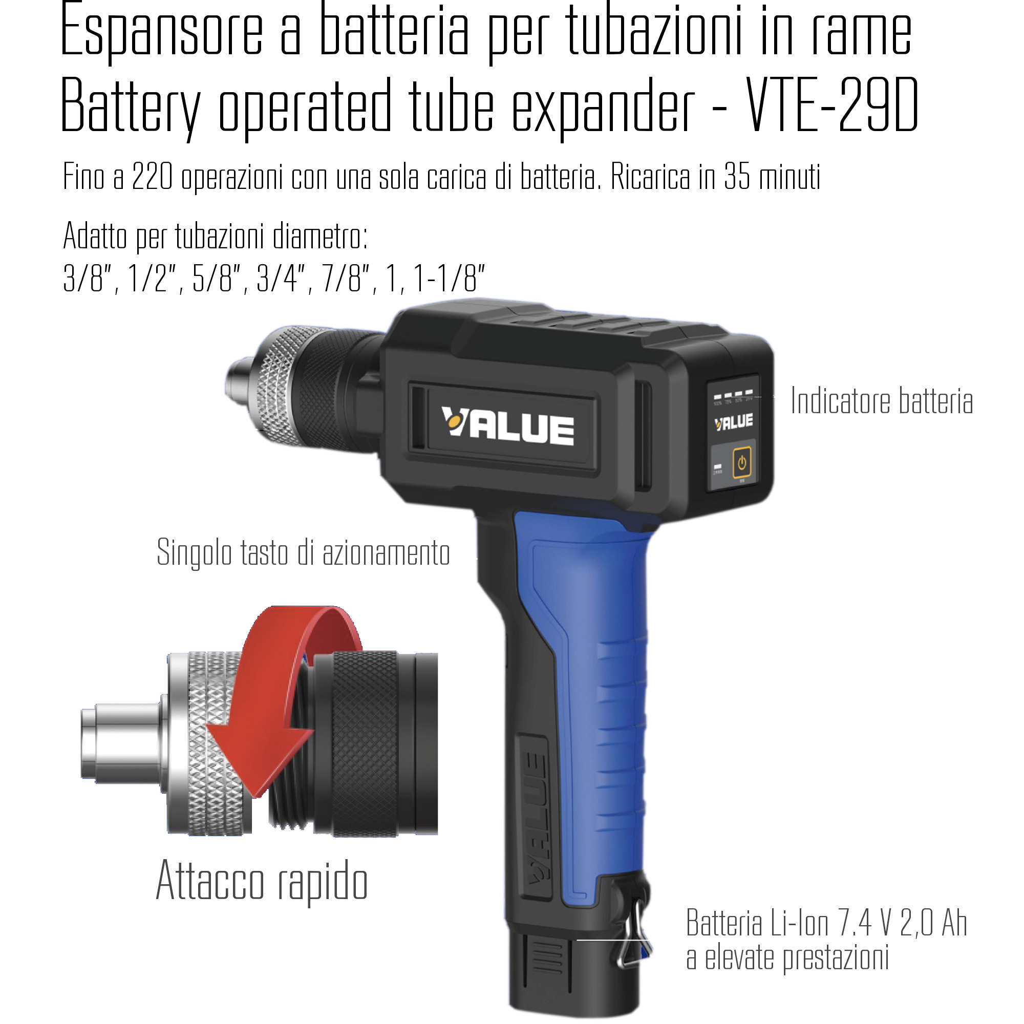 VALUE Espansore a batteria per tubazioni in rame VTE-29D adatto per tubazioni diametro ⅜, ½, ⅝, ¾, ⅞, 1, 1 ⅛ pollici - con 2 batterie, in valigetta di materiale plastico