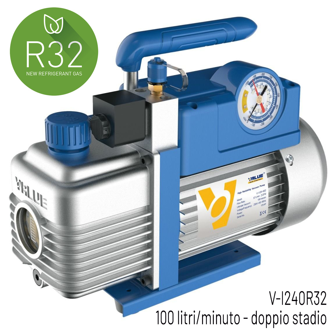 VALUE Pompa vuoto doppio stadio, adatta anche per R32 e A2L, portata 100 litri/minuto, motore 1/2 HP, grado di vuoto 2 x10(-2) mbar - 0,02 mbar/2 Pa/15 micron - con elettrovalvola e vacuometro