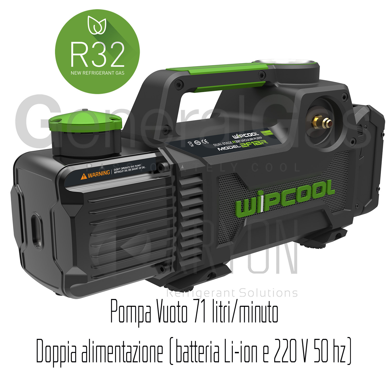 Pompa vuoto 2F1BR - due stadi a batteria portata 71 litri/minuto, adatta anche per R32 e refrigeranti A2L (batteria non inclusa) - doppia alimentazione batteria + 220 V 50Hz