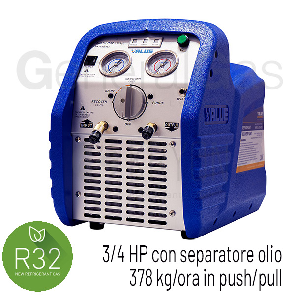 VALUE VRR12LOS-R32 - Recuperatore 3/4 HP con separatore olio, 378 kg/ora in push/pull, adatto anche per refrigeranti A2L