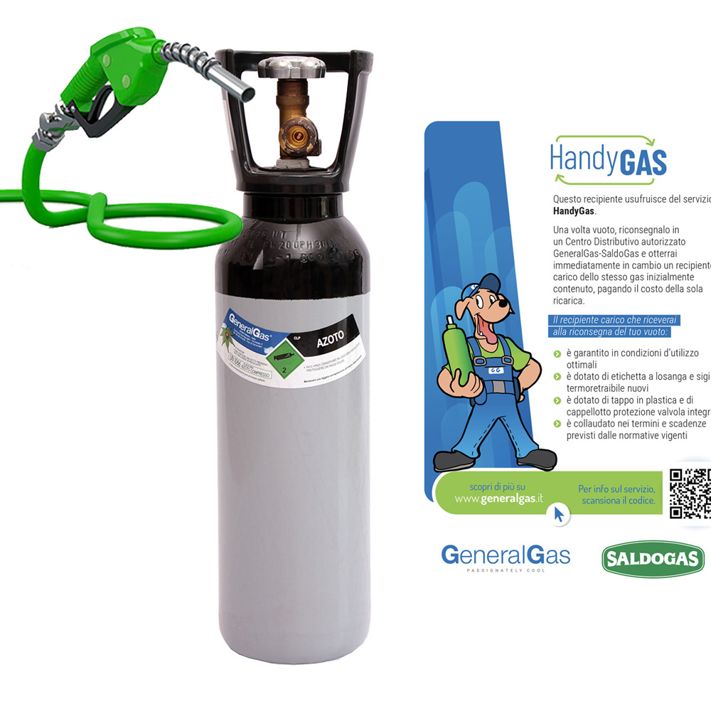 Ricarica HandyGas (cambio immediato vuoto contro pieno) bombola AZOTO 5 lt - 200 bar - 1 mc di azoto tecnico