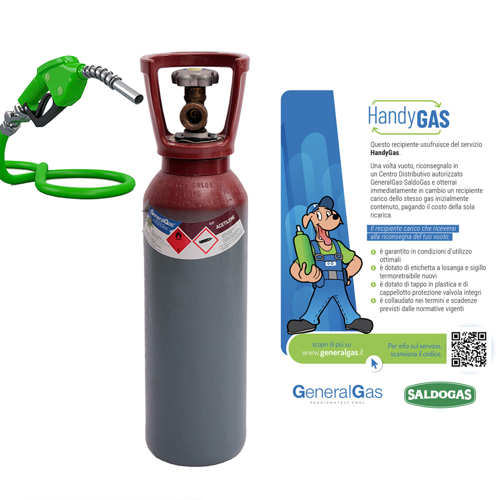 Ricarica HandyGas (cambio immediato vuoto contro pieno) bombola ACETILENE 5,7 lt - 1 kg di acetilene