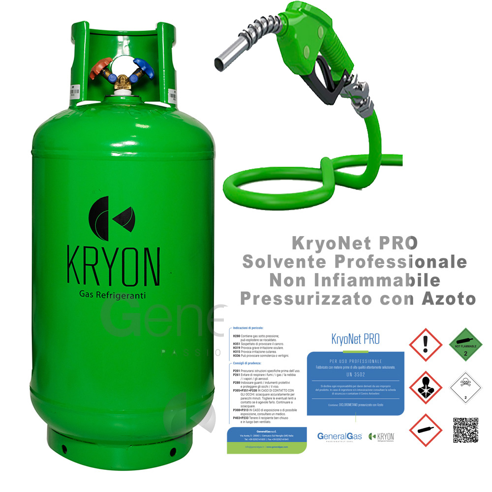 KryoNet Pro (sola ricarica, bombola non compresa) solvente uso professionale, non infiammabile, per impianti A/C e refrigerazione, pressurizzato con azoto, in bombola da  40 litri - 30 kg