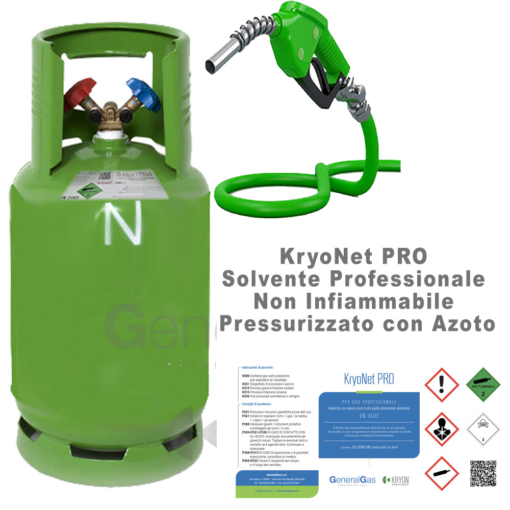 KryoNet Pro (solo ricarica, bombola non compresa) solvente uso professionale, non infiammabile, per impianti A/C e refrigerazione, pressurizzato con azoto, in bombola da 13 litri - 10 kg