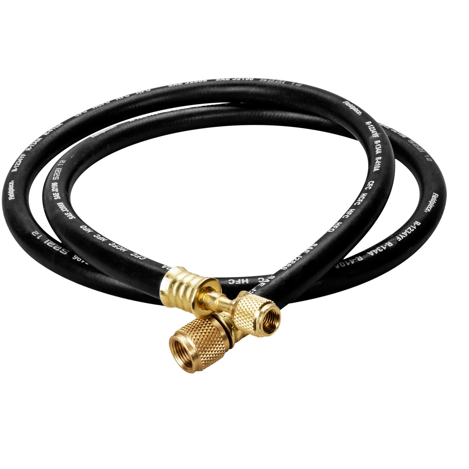 Tubazione Fieldpiece costruita specificamente per alto vuoto, quadruplo strato, tripla crimpatura sulle connessioni, colore nero, attacchi 1/4 x 3/8, lunghezza 150 cm. - codice Fieldpiece HV1S