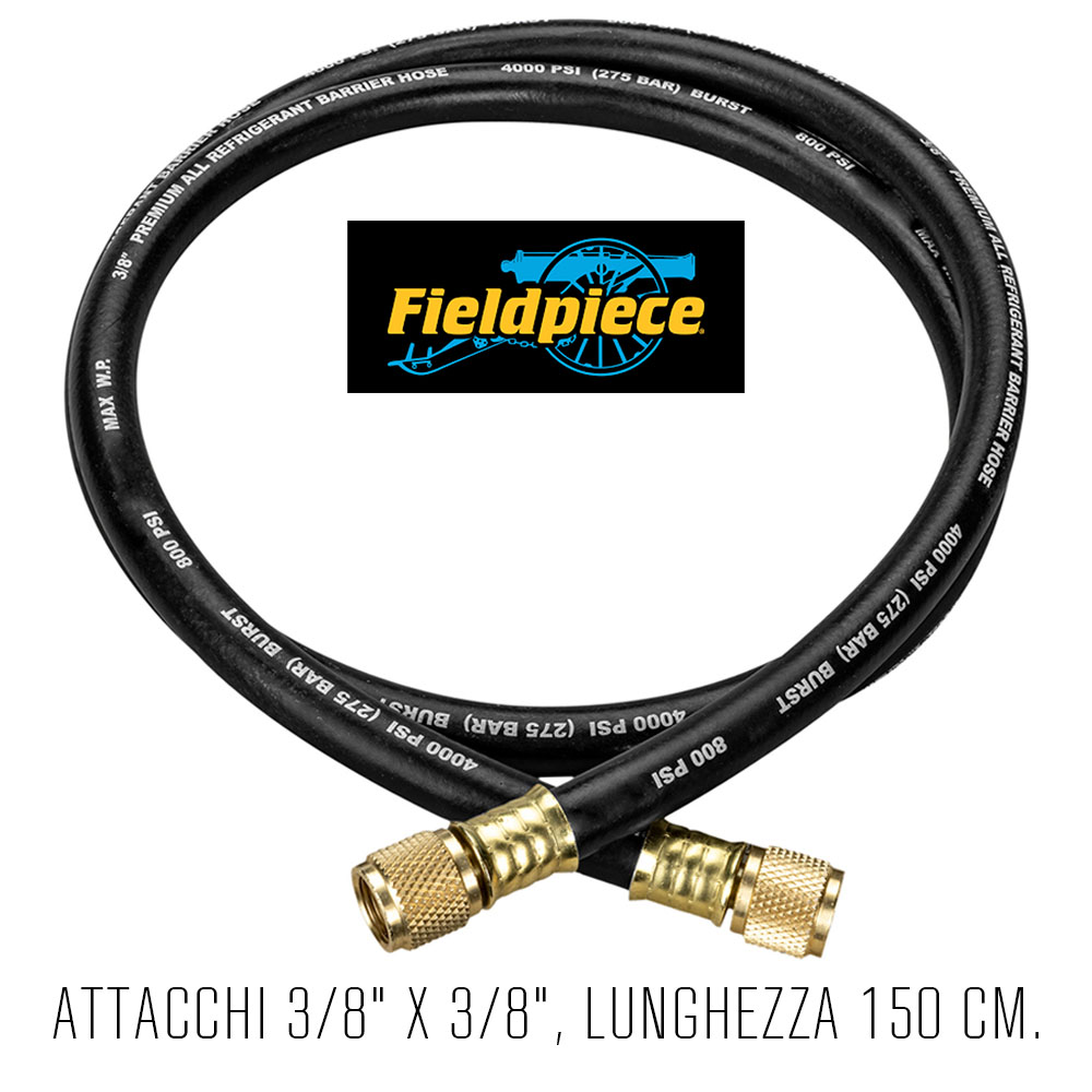 Tubazione Fieldpiece costruita specificamente per alto vuoto, quadruplo strato, tripla crimpatura sulle connessioni, colore nero, attacchi 3/8 su entrambi i lati, lunghezza 150 cm. - codice Fieldpiece HV1