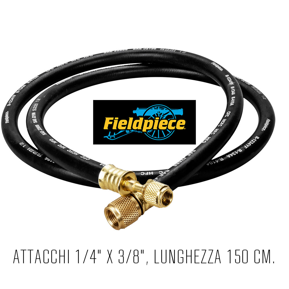 Tubazione Fieldpiece costruita specificamente per alto vuoto, quadruplo strato, tripla crimpatura sulle connessioni, colore nero, attacchi 1/4 x 3/8, lunghezza 150 cm. - codice Fieldpiece HV1S