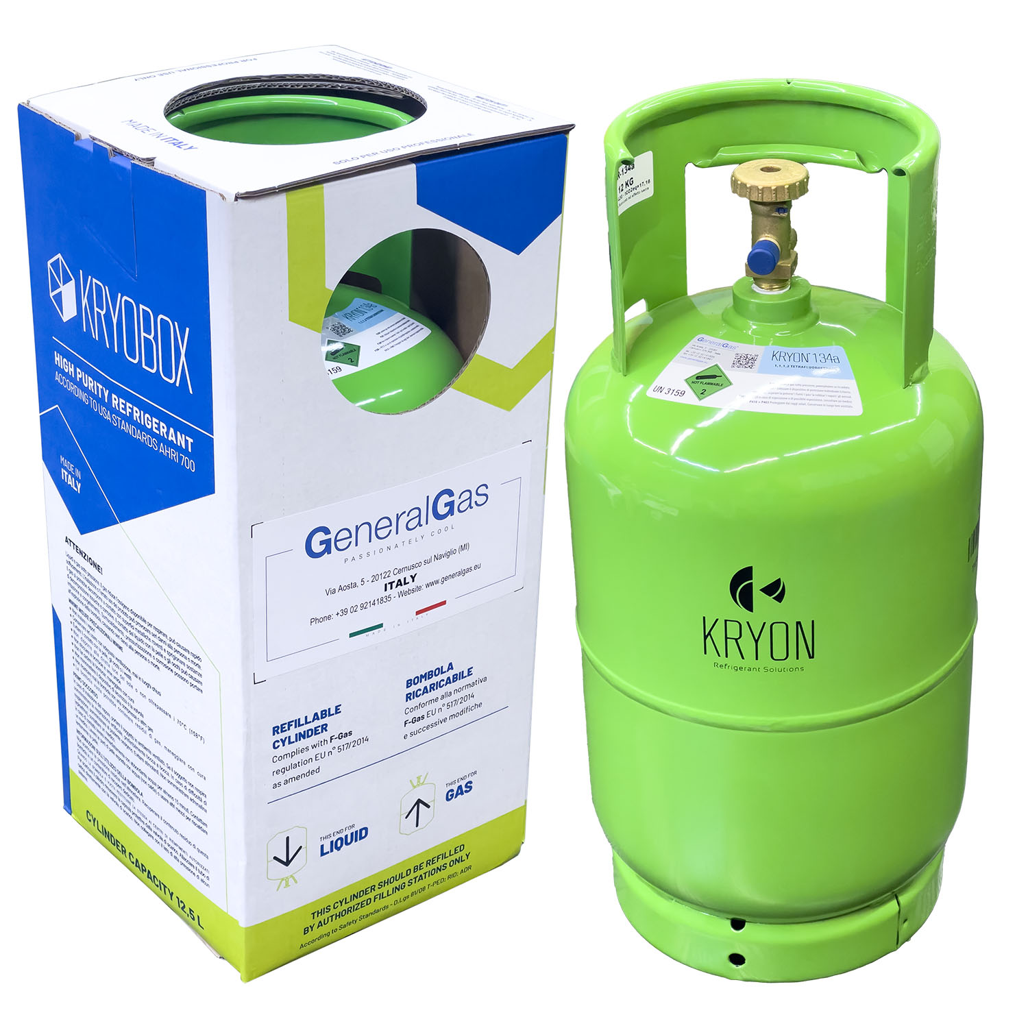 R410A Kryon® 410A in Bombola Kryobox 12,5 Lt - 10 Kg / 48 bar valvola a volantino uscita ¼ con raccordo uscita 5/16