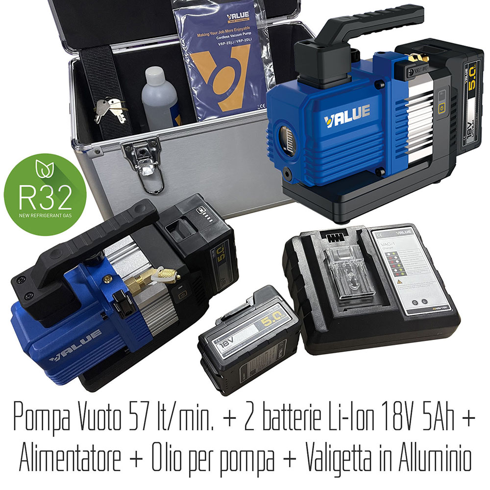 VALUE Pompa vuoto VRP-2DLi due stadi a batteria (2 batterie incluse) portata 57 litri/minuto, adatta anche per R32 e refrigeranti A2L (la confezione comprende due batterie al litio)