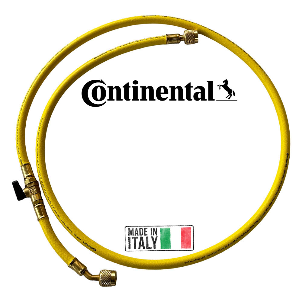 Tubo di Carica linea GKTools PRO ¼ SAE J2196 con valvola a 45° - 150 cm. (alta qualità - originale Continental) con valvola a sfera e depressore Made in Italy - colore GIALLO