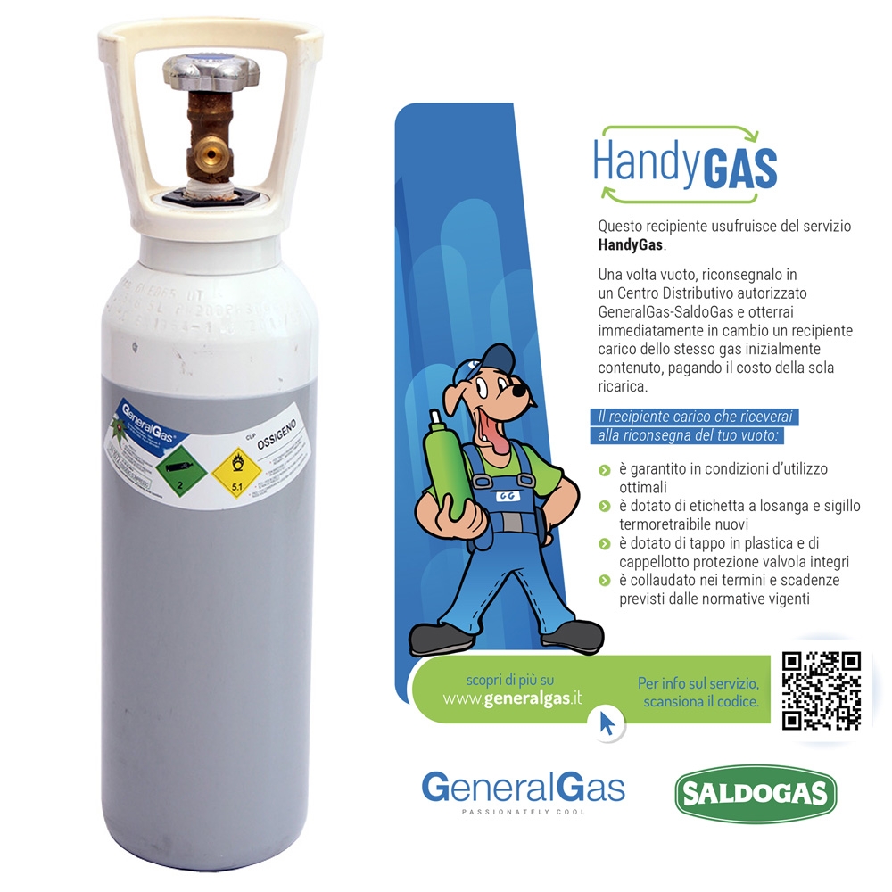 Bombola HandyGas OSSIGENO alta Pressione 5 lt - 200 bar completa di valvola  e cappellotto - caricata con 1 mc di ossigeno tecnico (usufruisce servizio